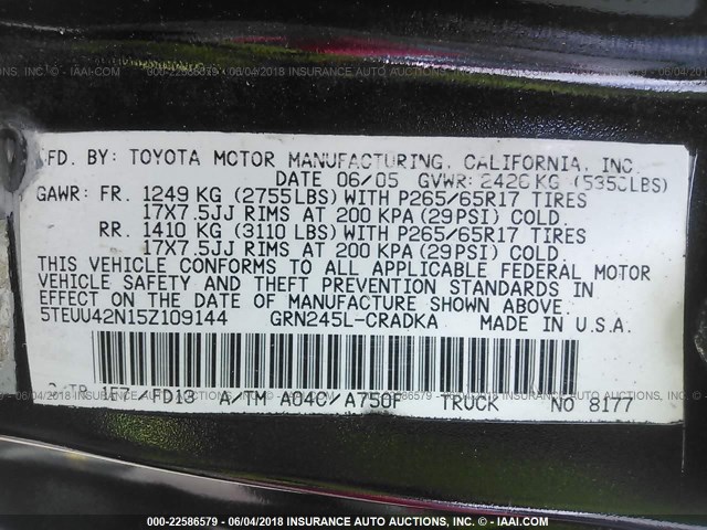 5TEUU42N15Z109144 - 2005 TOYOTA TACOMA ACCESS CAB Schwarz Foto 9