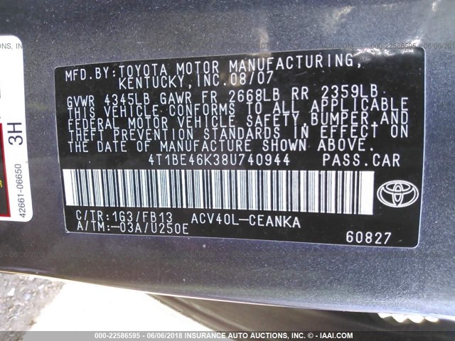 4T1BE46K38U740944 - 2008 TOYOTA CAMRY CE/LE/XLE/SE GRAY photo 9