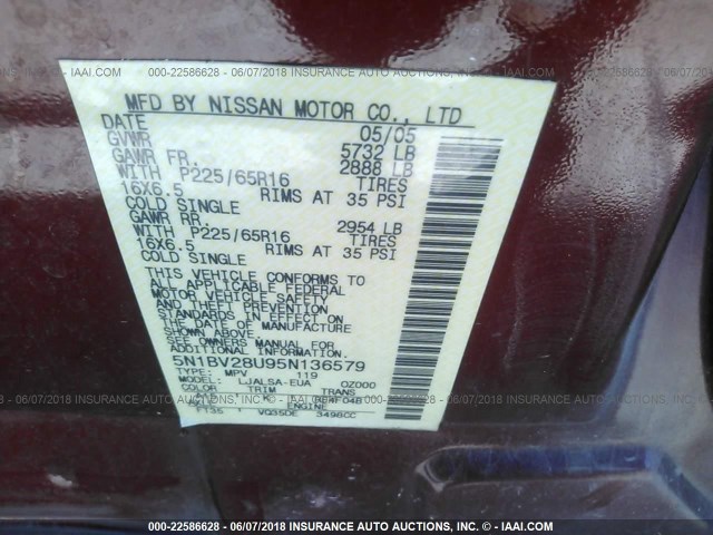 5N1BV28U95N136579 - 2005 NISSAN QUEST S/SE/SL RED photo 9