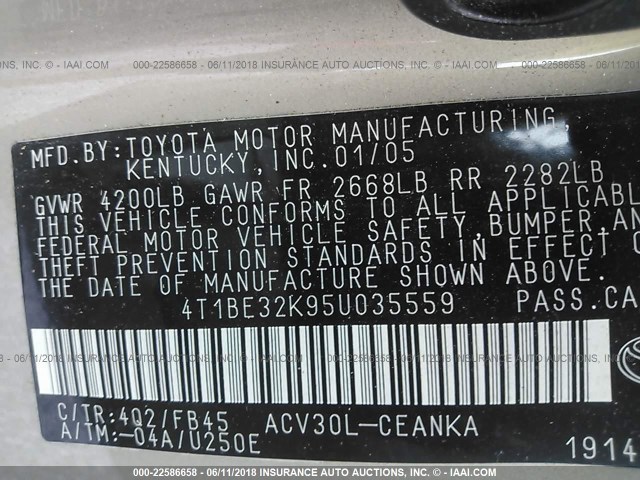 4T1BE32K95U035559 - 2005 TOYOTA CAMRY LE/XLE/SE ოქროსფერი ფოტო 9