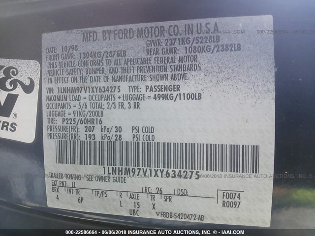 1LNHM97V1XY634275 - 1999 LINCOLN CONTINENTAL  Ciemnoniebieski zdjęcie 9