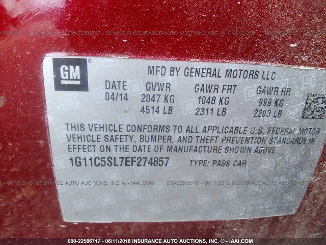 1G11C5SL7EF274857 - 2014 CHEVROLET MALIBU 1LT 栗色 照片 9