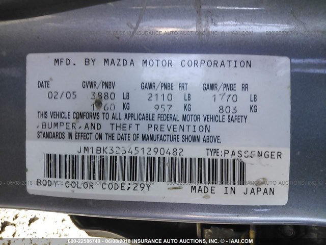 JM1BK323451290482 - 2005 MAZDA 3 S GRAY photo 9