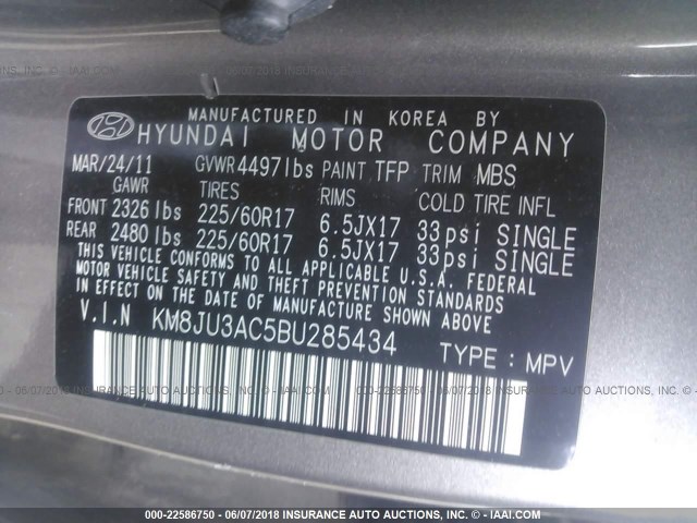 KM8JU3AC5BU285434 - 2011 HYUNDAI TUCSON GLS/LIMITED Pewter photo 9