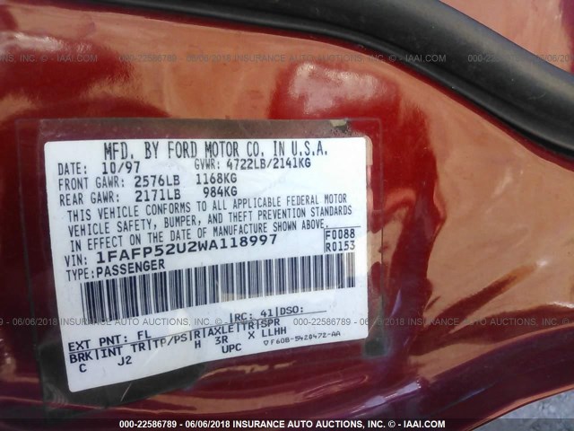 1FAFP52U2WA118997 - 1998 FORD TAURUS LX/SE MAROON photo 9