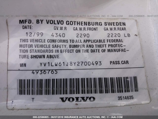 YV1LW61J8Y2700493 - 2000 VOLVO V70 SE WHITE photo 9