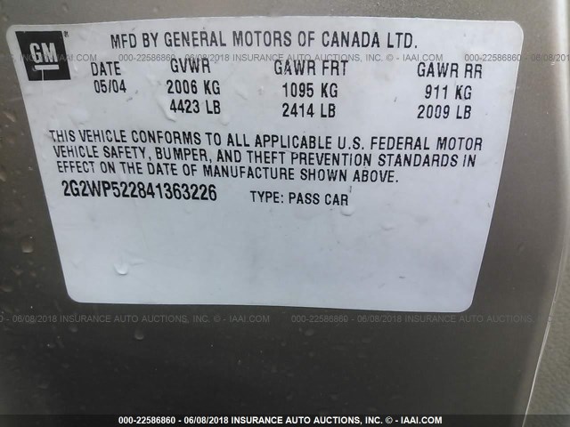 2G2WP522841363226 - 2004 PONTIAC GRAND PRIX GT GOLD photo 9