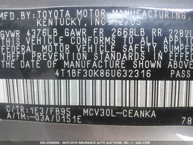 4T1BF30K86U632316 - 2006 TOYOTA CAMRY LE/XLE/SE ნაცრისფერი ფოტო 9