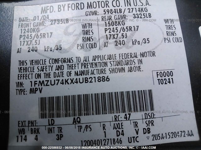 1FMZU74KX4UB21886 - 2004 FORD EXPLORER EDDIE BAUER BLUE photo 9