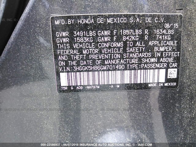 3HGGK5H86GM701490 - 2016 HONDA FIT EX/EXL GRAY photo 9