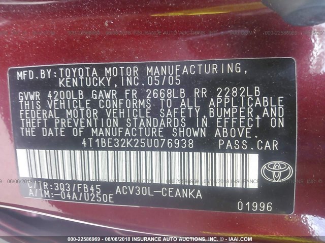 4T1BE32K25U076938 - 2005 TOYOTA CAMRY LE/XLE/SE წითელი ფოტო 9