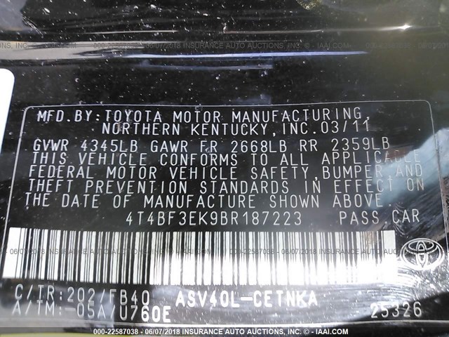 4T4BF3EK9BR187223 - 2011 TOYOTA CAMRY SE/LE/XLE 黑色 照片 9