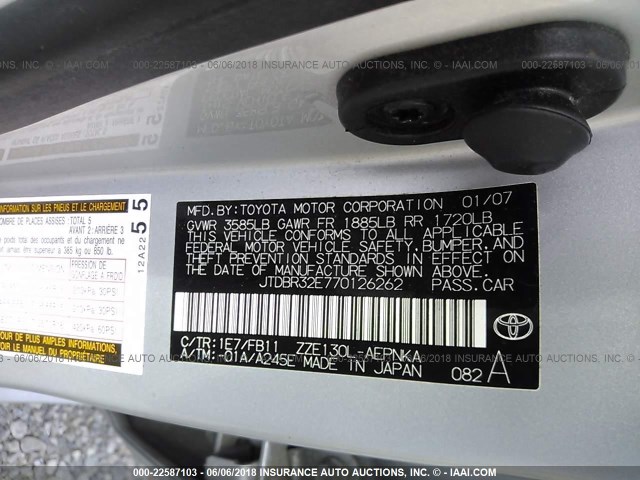 JTDBR32E770126262 - 2007 TOYOTA COROLLA CE/LE/S SILVER photo 9