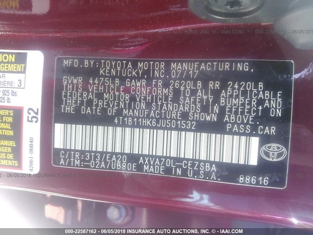 4T1B11HK6JU501532 - 2018 TOYOTA CAMRY L/LE/XLE/SE/XSE RED photo 9