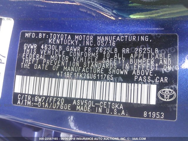 4T1BF1FK2GU611765 - 2016 TOYOTA CAMRY LE/XLE/SE/XSE BLUE photo 9