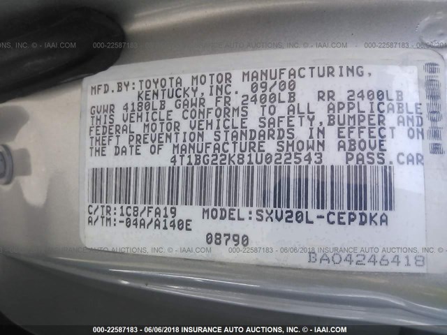 4T1BG22K81U022543 - 2001 TOYOTA CAMRY CE/LE/XLE SILVER photo 9