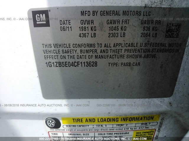 1G1ZB5E04CF113628 - 2012 CHEVROLET MALIBU LS WHITE photo 9