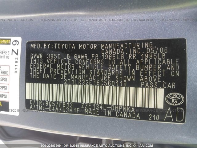 2T1LR32E16C560119 - 2006 TOYOTA COROLLA MATRIX XR Light Blue photo 9