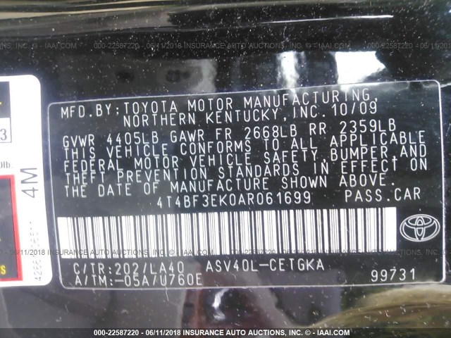 4T4BF3EK0AR061699 - 2010 TOYOTA CAMRY SE/LE/XLE BLACK photo 9