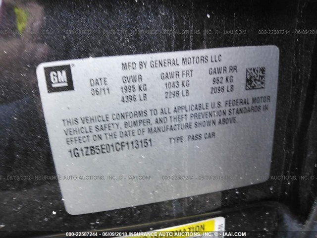 1G1ZB5E01CF113151 - 2012 CHEVROLET MALIBU LS შავი ფოტო 9