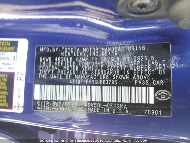 4T1BF1FK1GU603785 - 2016 TOYOTA CAMRY LE/XLE/SE/XSE BLUE photo 9