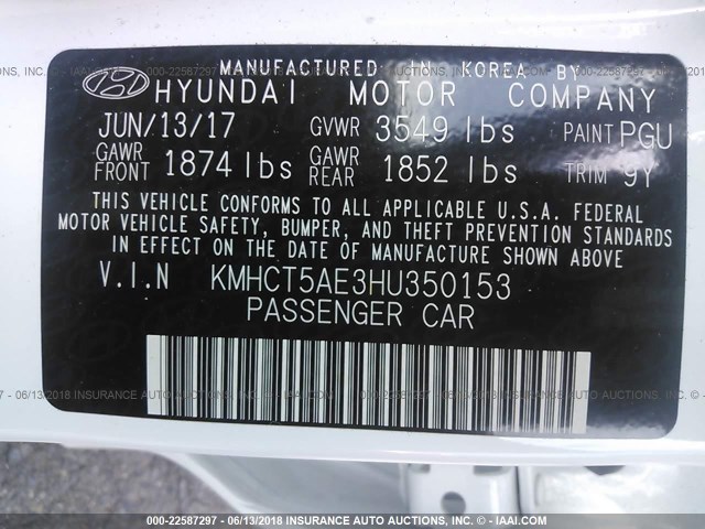 KMHCT5AE3HU350153 - 2017 HYUNDAI ACCENT SE WHITE photo 9