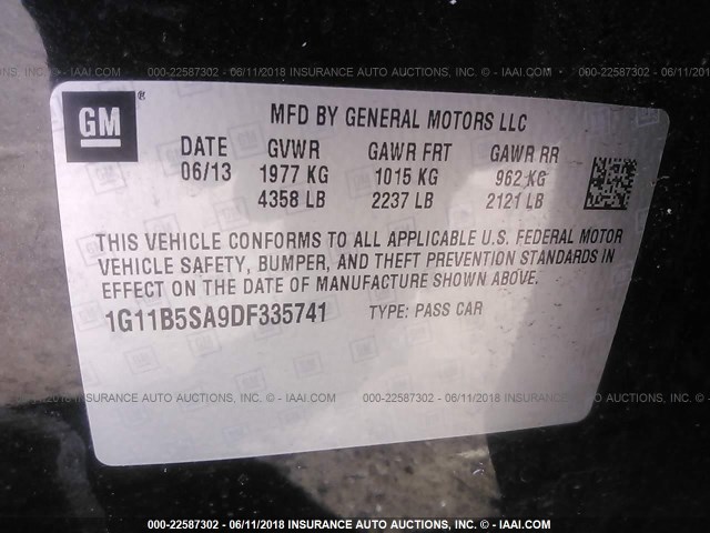 1G11B5SA9DF335741 - 2013 CHEVROLET MALIBU LS 黑色 照片 9