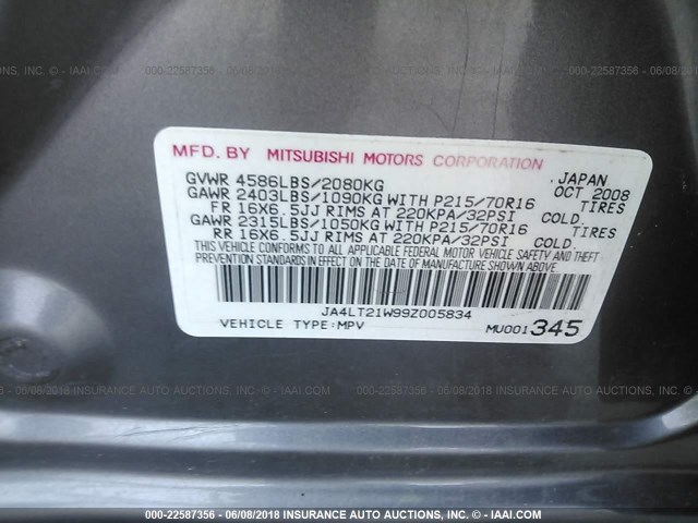 JA4LT21W99Z005834 - 2009 MITSUBISHI OUTLANDER ES Boz foto 9