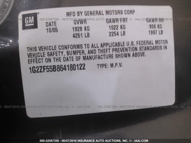 1G2ZF55B864180122 - 2006 PONTIAC G6 SE GRAY photo 9