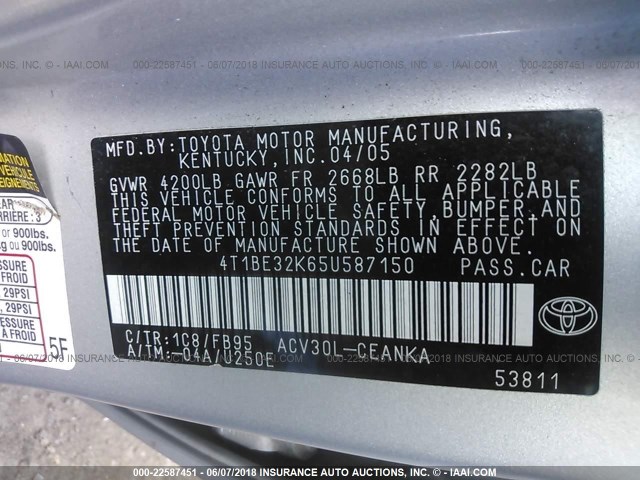 4T1BE32K65U587150 - 2005 TOYOTA CAMRY LE/XLE/SE Gümüş foto 9