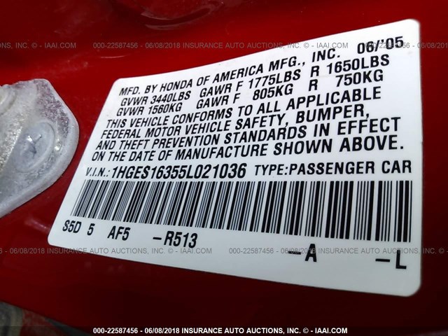 1HGES16355L021036 - 2005 HONDA CIVIC DX VP RED photo 9