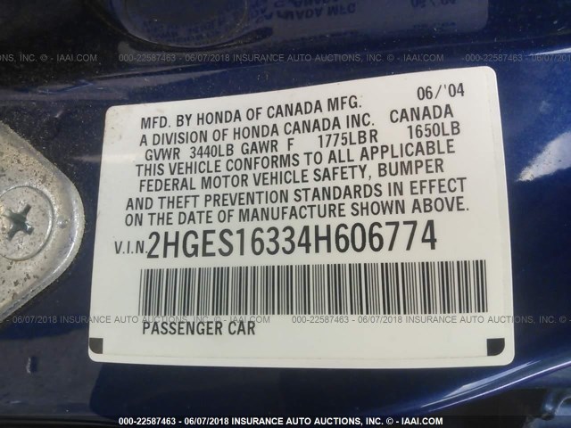 2HGES16334H606774 - 2004 HONDA CIVIC DX VP BLUE photo 9