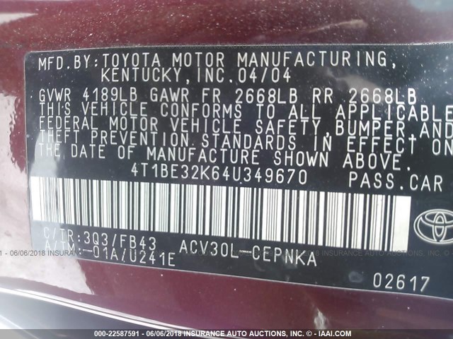 4T1BE32K64U349670 - 2004 TOYOTA CAMRY LE/XLE/SE 勃艮第红 照片 9