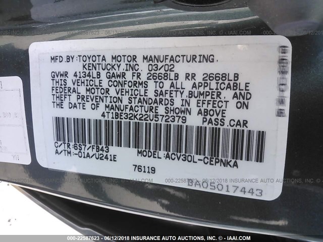 4T1BE32K22U572379 - 2002 TOYOTA CAMRY LE/XLE/SE მწვანე ფოტო 9