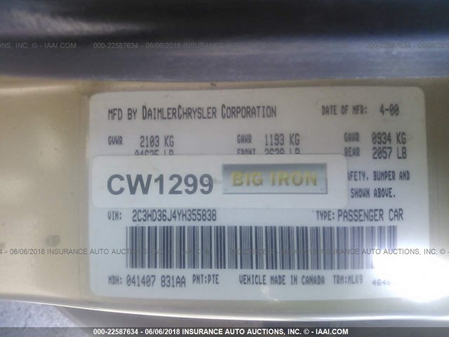 2C3HD36J4YH355838 - 2000 CHRYSLER CONCORDE LXI GOLD photo 9