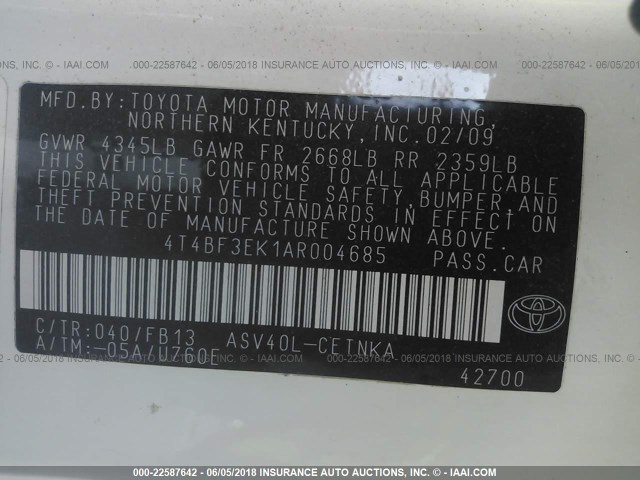 4T4BF3EK1AR004685 - 2010 TOYOTA CAMRY SE/LE/XLE 白色 照片 9