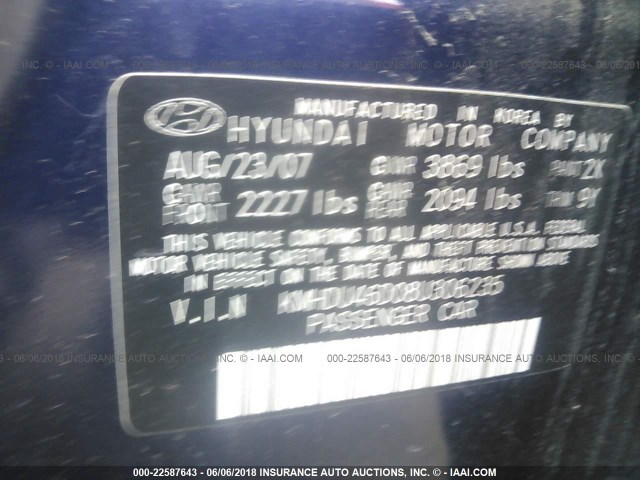 KMHDU46D08U306235 - 2008 HYUNDAI ELANTRA GLS/SE/LIMITED BLUE photo 9