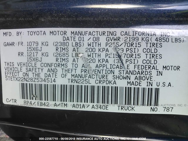 5TETX22N28Z534514 - 2008 TOYOTA TACOMA ACCESS CAB Dunkelblau Foto 9