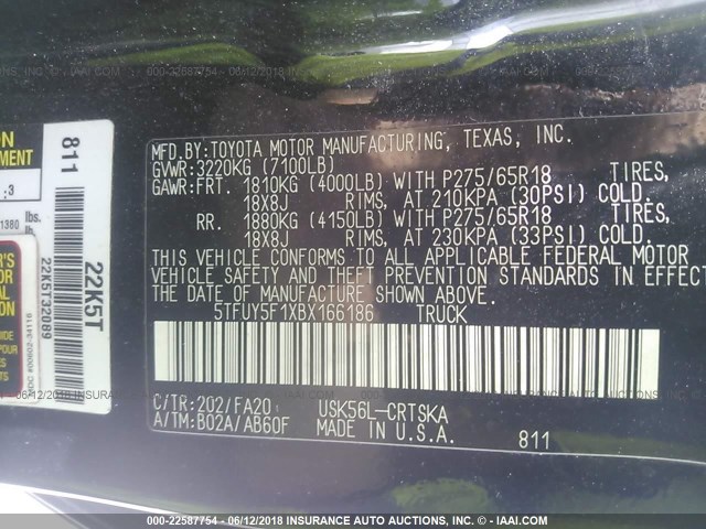 5TFUY5F1XBX166186 - 2011 TOYOTA TUNDRA DOUBLE CAB SR5 BLACK photo 9