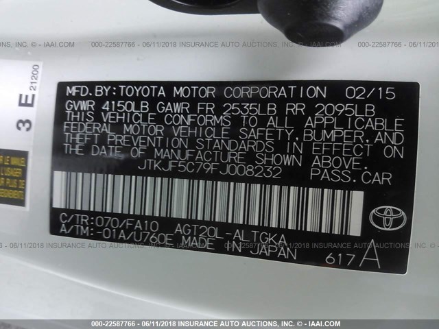 JTKJF5C79FJ008232 - 2015 TOYOTA SCION TC 白色 照片 9