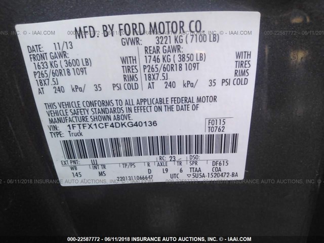 1FTFX1CF4DKG40136 - 2013 FORD F150 SUPER CAB GRAY photo 9