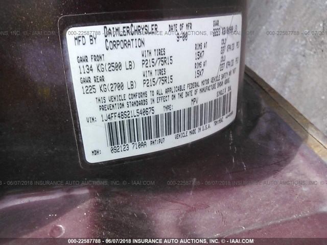 1J4FF48S21L540675 - 2001 JEEP CHEROKEE SPORT BURGUNDY photo 9