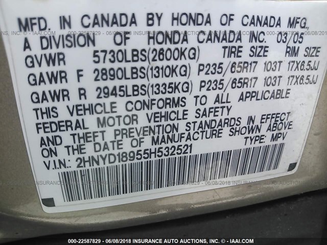 2HNYD18955H532521 - 2005 ACURA MDX TOURING GOLD photo 9