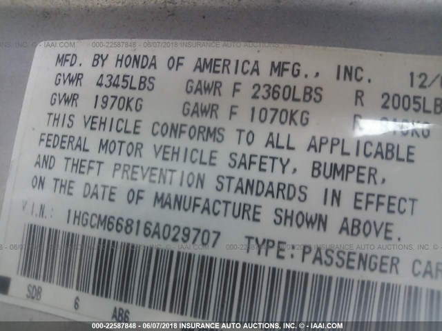 1HGCM66816A029707 - 2006 HONDA ACCORD EX SILVER photo 9
