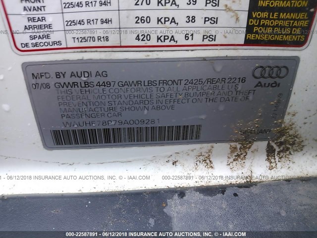 WAUHE78P79A009281 - 2009 AUDI A3 2.0T WHITE photo 9