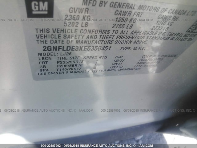 2GNFLDE3XE6358451 - 2014 CHEVROLET EQUINOX LTZ SILVER photo 9