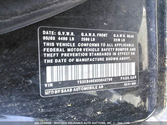 YS3EB49E633042786 - 2003 SAAB 9-5 LINEAR BLACK photo 9