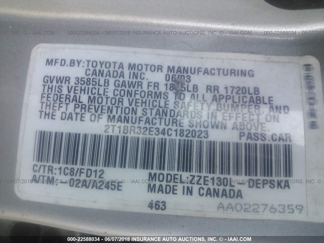 2T1BR32E34C182023 - 2004 TOYOTA COROLLA CE/LE/S GRAY photo 9