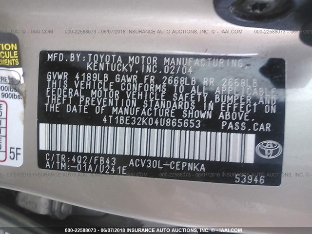 4T1BE32K04U865653 - 2004 TOYOTA CAMRY LE/XLE/SE თაფლისფერი ფოტო 9