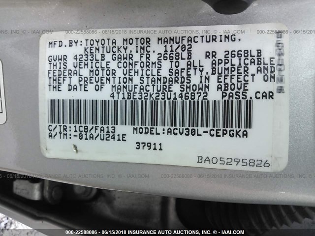 4T1BE32K23U146872 - 2003 TOYOTA CAMRY LE/XLE/SE ვერცხლისფერი ფოტო 9